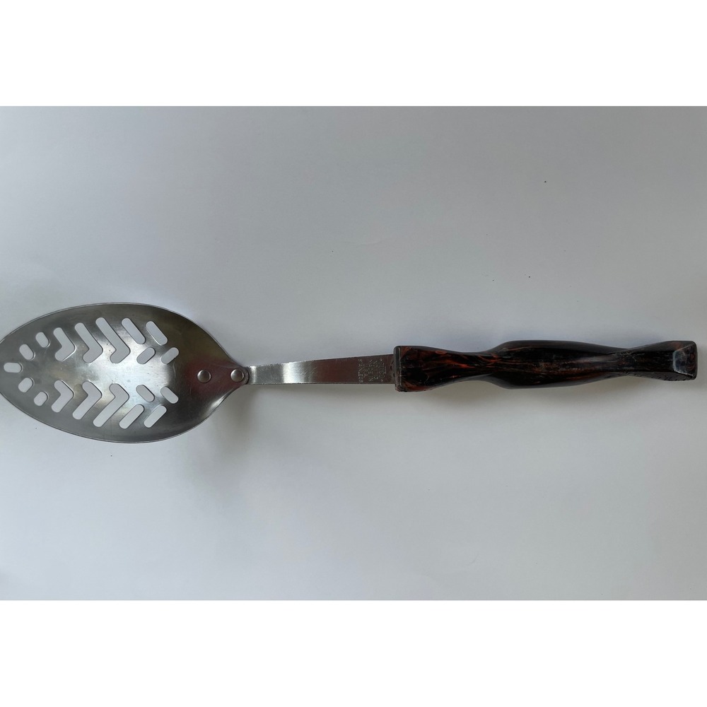 Vintage Cutco 1713 Slotted Serving Spoon Stainless Steel Brown Marbled Handle US
